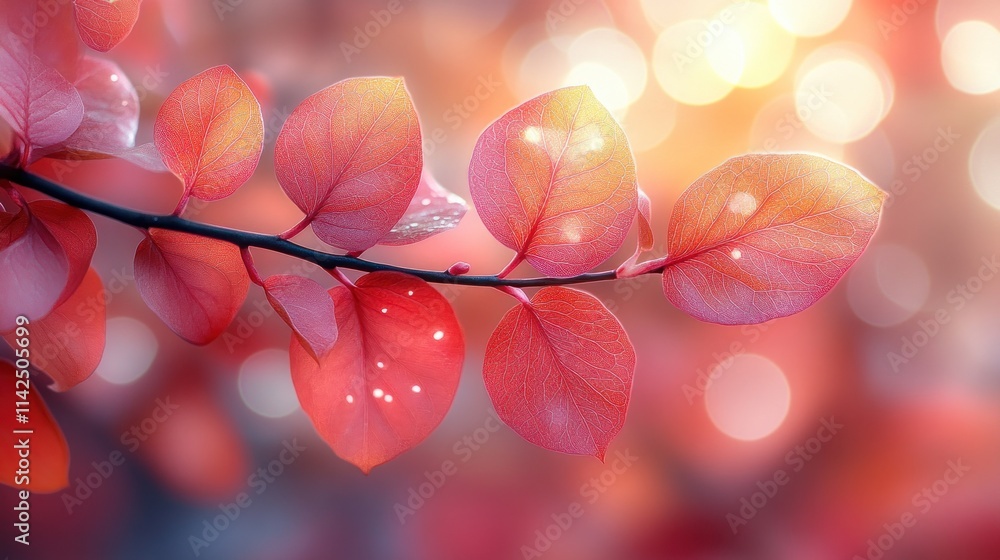 Poster reddish leaves on branch with bokeh background.