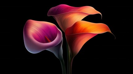 Vibrant Calla Lilies on Black Background with Elegant Curves