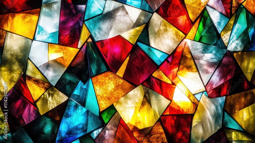 Poster abstract multicolored mosaic glass background with vibrant geometric patterns and radiant light refl