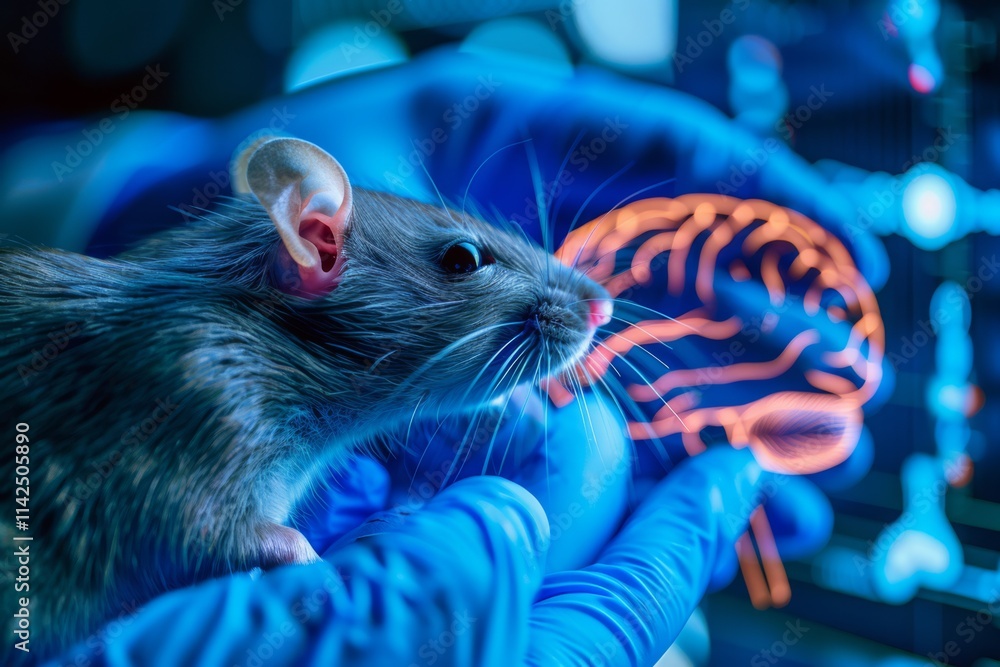 Poster detailed profile shot of a lab rat with enhanced visualization of brain activity in a scientific res