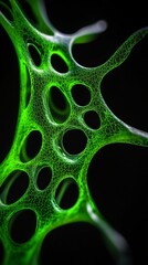 Intricate network of glowing green veins against a deep black background. The organic texture and vibrant color create a captivating image.
