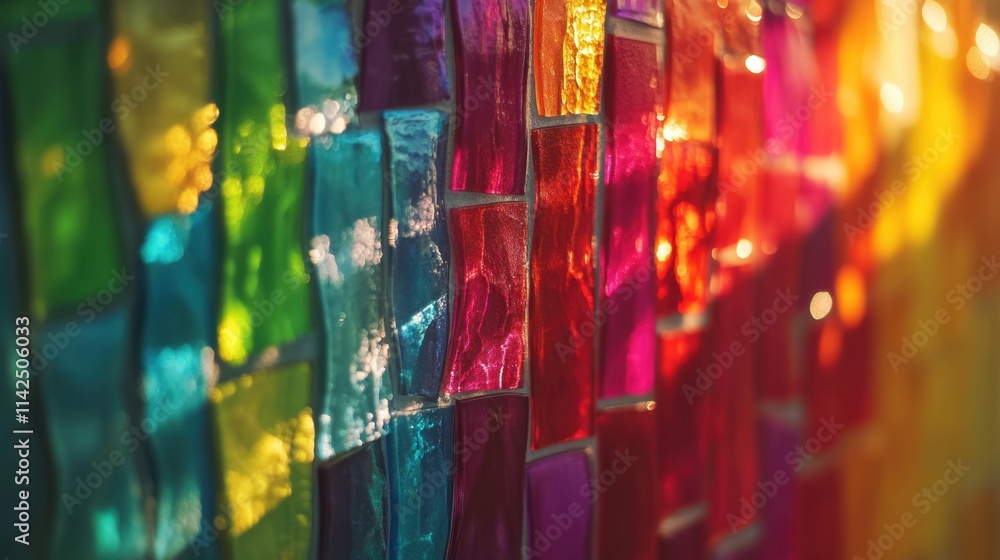 Poster abstract multicolored mosaic glass background with vibrant geometric patterns and radiant light refl