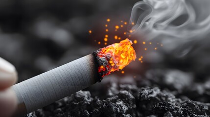 Say no to smoking. Cigarette ashes falling from a burning tip, with smoke trails in the background. Burning cigarette.