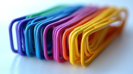 Colorful paperclips stacked neatly.