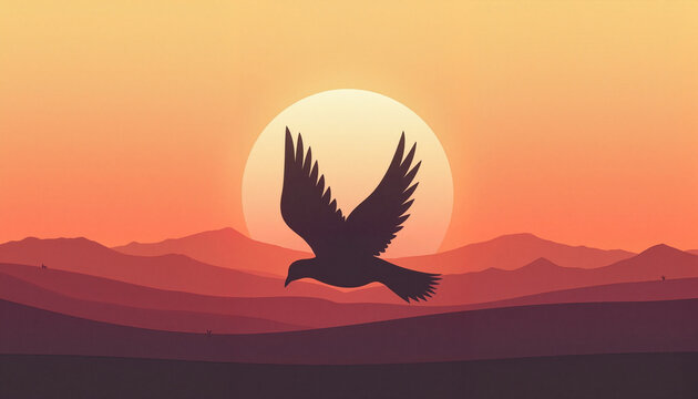 ird silhouette soaring against a sunset landscape.