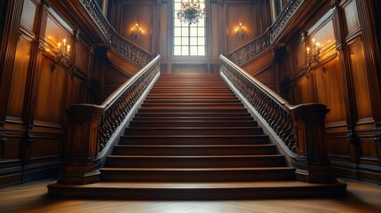 Obraz premium Grand Wooden Staircase in Ornate Interior: A majestic wooden staircase dominates a luxurious interior, illuminated by natural light from a window above. 