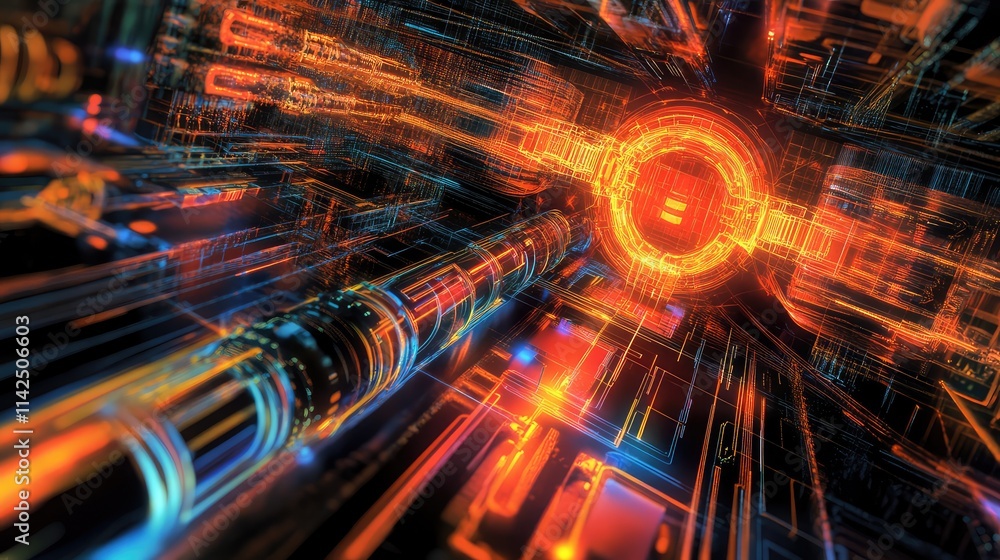 Poster a digital model of a quantum microchip's architecture, showing quantum gates and energy pathways int