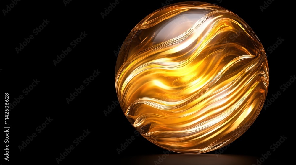 Poster shiny golden orb with flowing patterns on a dark background