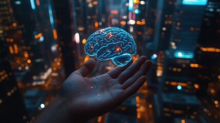 Fototapeta premium Holographic brain floating above hand in futuristic city background. Innovation and technology concept