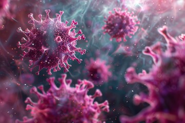Dynamic High-Resolution Cluster of Virus Particles in Upscaled Visualization, Showcasing Complex Structures and Colorful Details in Microscopic View.