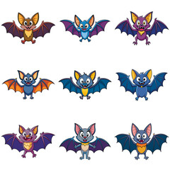 Set of cartoon Halloween bats. Collection set. Design for Halloween party decoration. Vector illustration. Trick or Treat Concept. Illustration isolated on background.