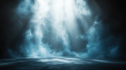 Obraz premium Mysterious fog envelops dark space, illuminated by soft light beams creating ethereal atmosphere. interplay of light and shadow evokes sense of tranquility and wonder