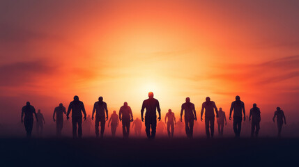 Silhouetted figures walking wards sunset, creating dramatic scene