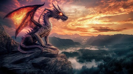 Majestic Dragon Overlooking a Mystical Landscape at Sunset