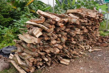 Piled up wooden logs used for firing