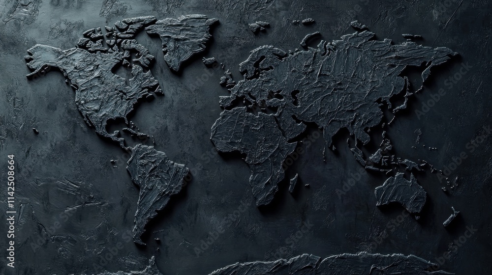 Poster textured world map in dark colors on a rough surface background