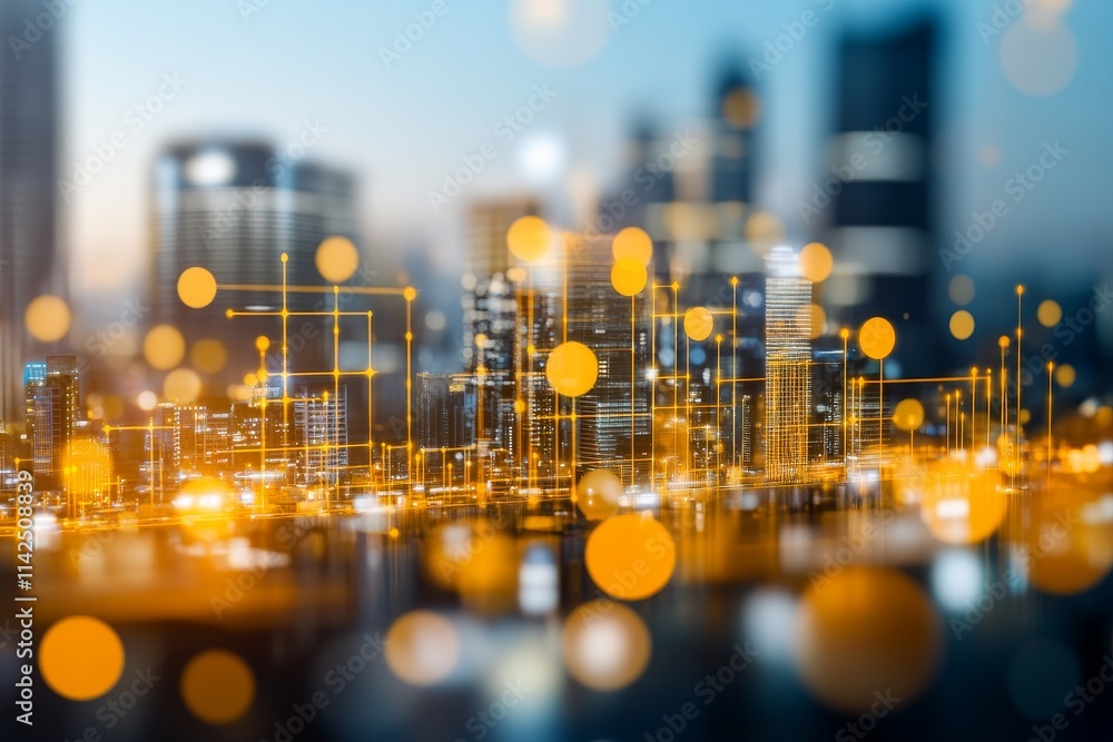 Poster abstract cityscape with blurred lights and golden bokeh effect, showcasing modern skyline architectu