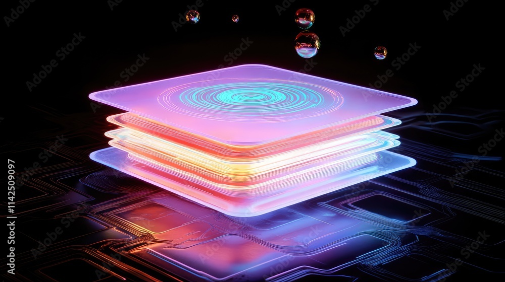 Aufkleber a digital representation of a microchip prototype, with its internal layers glowing and spinning hol