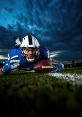 Football player dives for the ball under a dramatic sky at dusk during a game practice