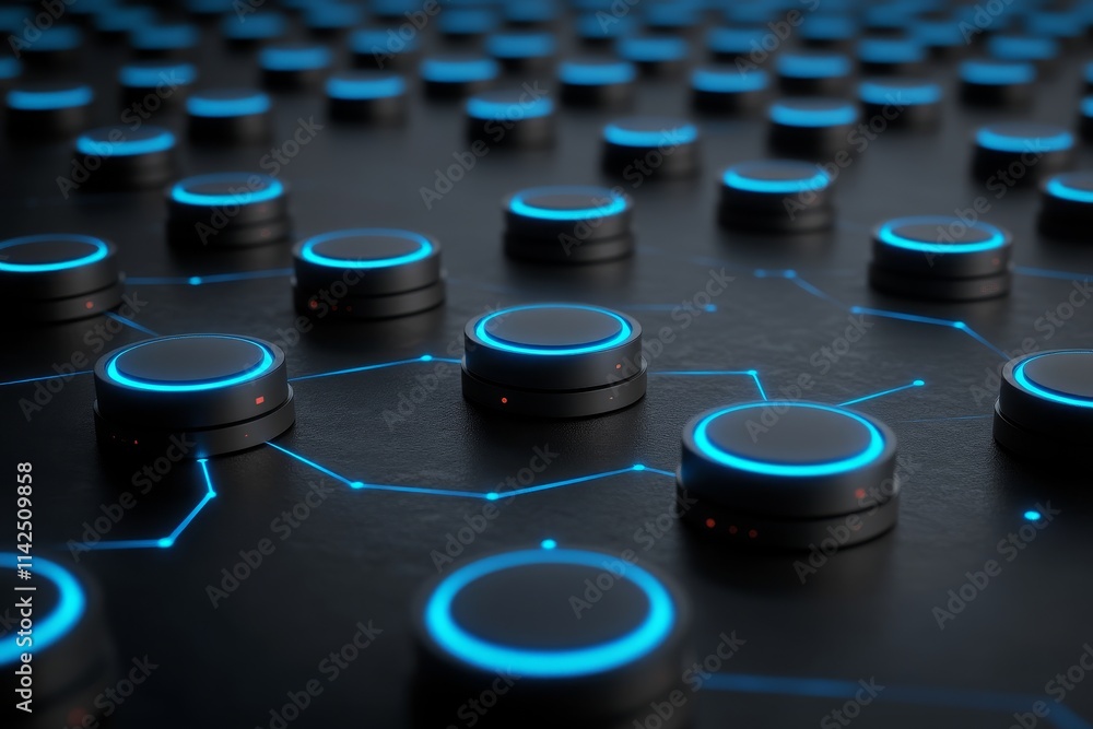 Aufkleber abstract futuristic circuit board with glowing blue buttons interconnected by illuminated lines on a
