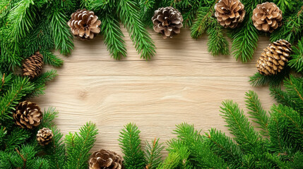 Rustic wooden background framed with green pine branches and pine cones, creating cozy and festive atmosphere perfect for holiday decorations