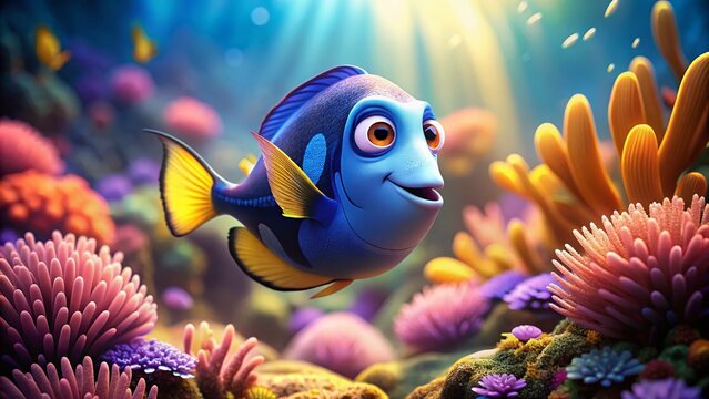 Cute Dory Fish Cartoon, High Depth of Field, Underwater Scene, Adorable Fish Illustration,  Ocean Life,  Animated Fish, Cartoon Fish Image,  Undersea World,  Digital Art,  HD Image
