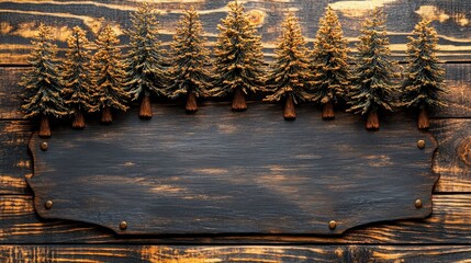 Naklejka premium Rustic wooden sign with carved trees on top, showcasing a textured background, perfect for nature-themed designs or advertising outdoor adventures and camping activities.