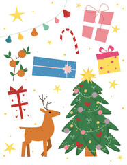 Christmas New Year cute pack in cartoon style. Seasonal holiday vector illustrations.