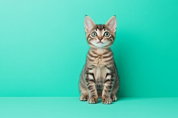 Adorable playful kitten with large green eyes sitting on a solid teal background, showcasing its distinct stripes and curious expression, perfect for pet-themed projects.