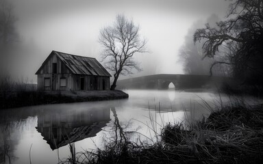 Haunting Fog: Eerie Black and White Horror Scene