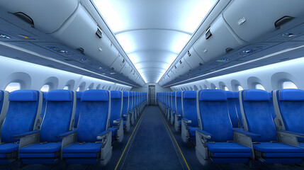 Obraz premium Airplane Interior 3D Render: Blue Seats, Aisle View
