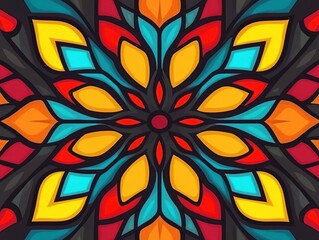 Vibrant abstract mandala design with symmetrical floral patterns in red, yellow, and blue.