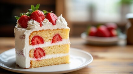 Delicious Strawberry Cake Slice with Fresh Berries and Cream