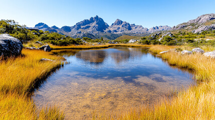 Naklejka premium Serene alpine pasture with golden grass and clear water reflecting mountains