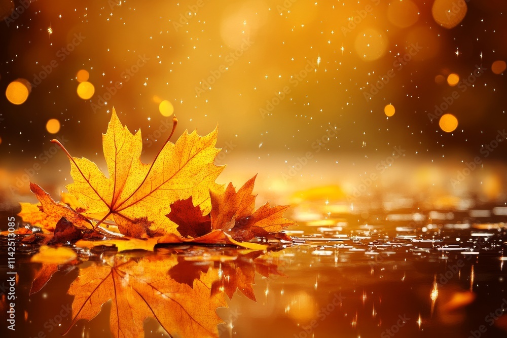 Poster beautiful autumn scene with vibrant yellow and orange maple leaves on a glimmering surface captured 