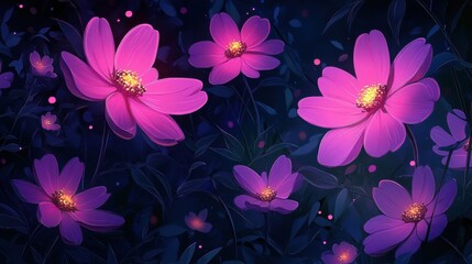 Naklejka na ściany i meble Vibrant Pink Flowers Against Dark Background in Digital Artwork