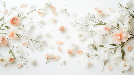 Fototapeta premium Soft pattern with pressed flowers, their petals painted in delicate, the blooms flowers scatter gently across the white background
