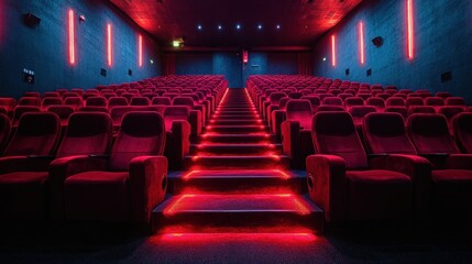 Empty cinema hall with red seating, steps, and neon lighting.