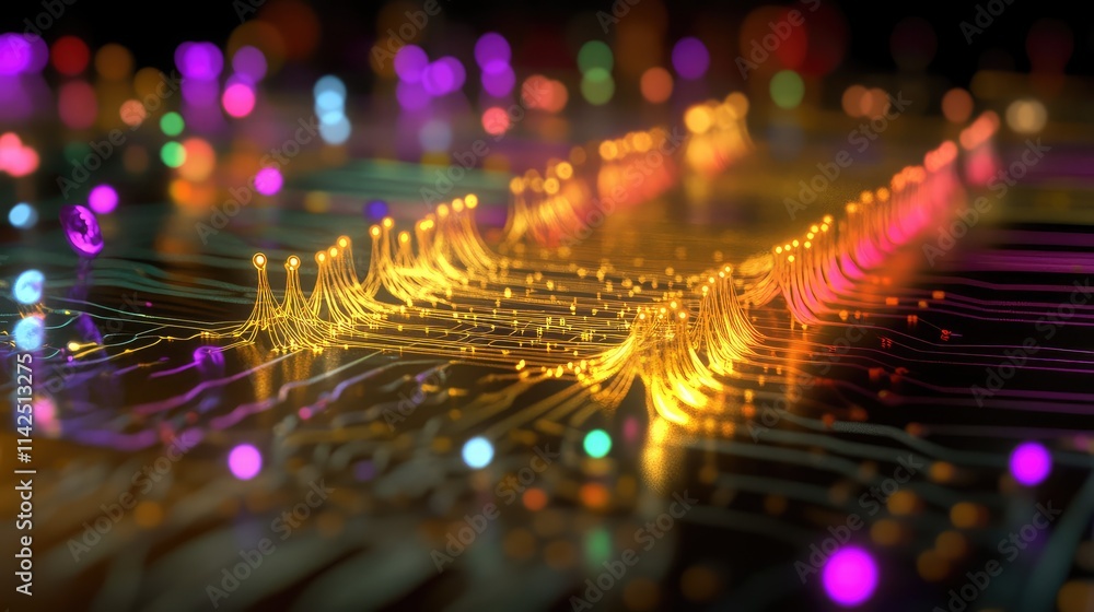 Poster a digital visualization of quantum microchip architecture, highlighting qubits, energy pathways, and