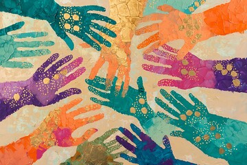 A vivid painting with colorful handprints overlapping