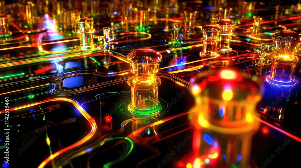 Poster a digital visualization of quantum microchip architecture, highlighting qubits, energy pathways, and