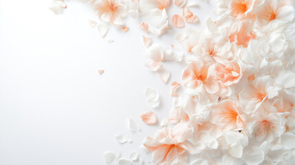 Obraz premium Soft pattern with pressed flowers, their petals painted in delicate, the blooms flowers scatter gently across the white background
