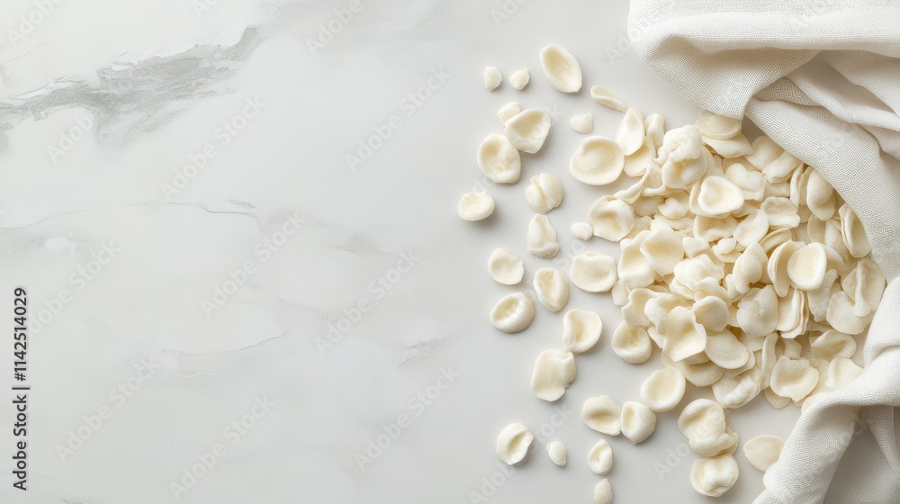 Poster white shells scattered on a light marble surface with a soft fabric, ideal for minimalistic backgrou