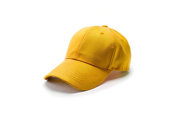 Fototapeta premium Bright Yellow Baseball Cap with Curved Brim on White Background