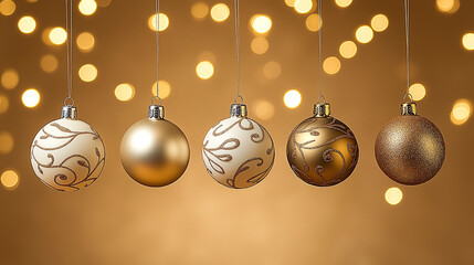 gold, copper, rose gold, christmas ornaments against glowing bokeh background