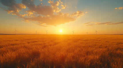Golden wheat field with wind turbines at sunset