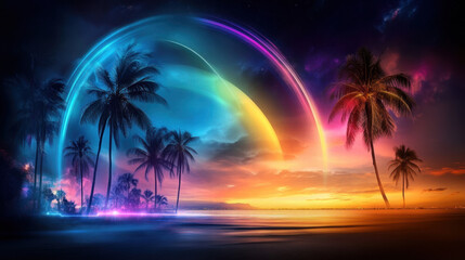 Fototapeta premium Vibrant tropical sunset with glowing neon arcs and palm trees