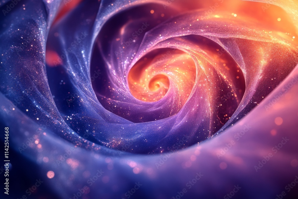 Poster abstract swirling vortex of light and color resembling a galaxy, with sparkling particles and a mesm