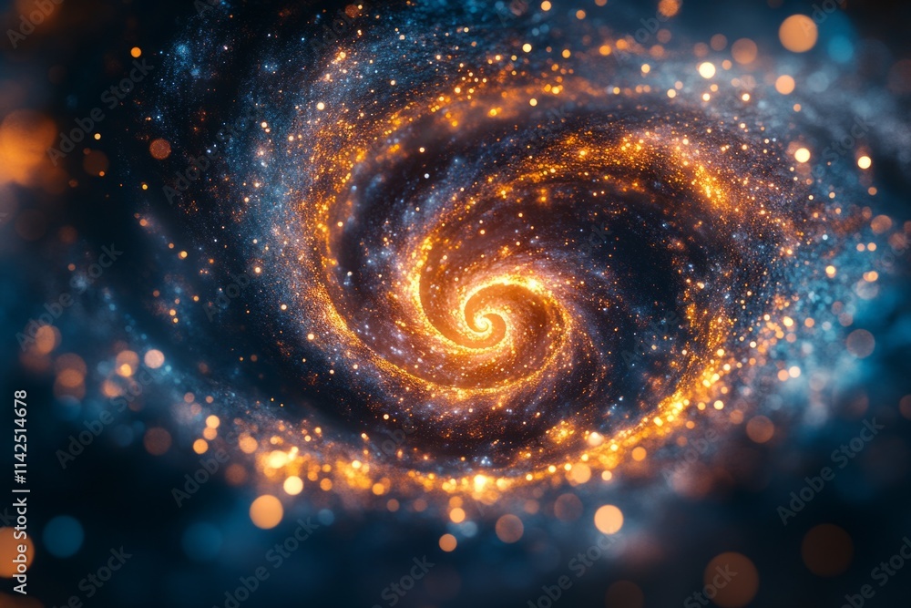 Poster golden spiral galaxy glowing in deep space with bokeh effect, perfect for space exploration and astr