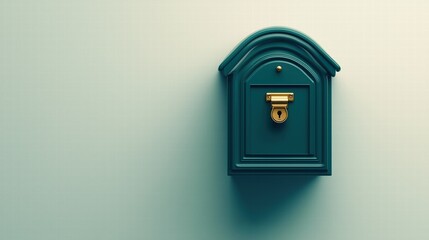Green mailbox with gold lock on plain background. Concept of communication and security